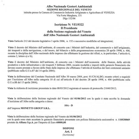 Iscrizione all'Albo Nazionale Gestori Ambientali n. VE/019322