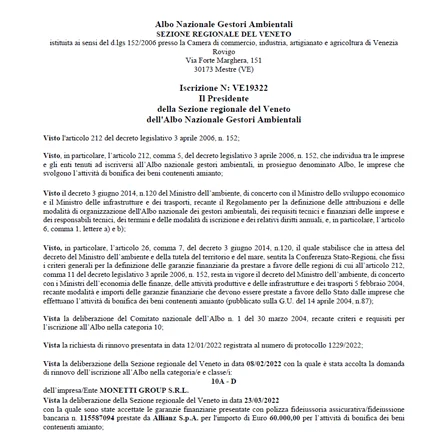 Iscrizione all'Albo Nazionale Gestori Ambientali n. VE/019322